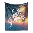 thumbnail image 1 of Palm Tree Soft Flannel Fleece Blanket, Hello Summer Design a Tropic Paradise Beach and the Sunshine Pattern Print, Cozy Plush for Indoor and Outdoor Use, 60" x 80", Blue and Orange, by Ambesonne, 1 of 5