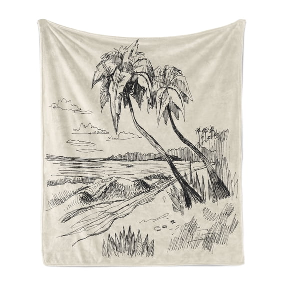 Palm Tree Soft Flannel Fleece Blanket, Sketch of Coconut Palm Tree on Sandy Tropical Beach Exotic Oceanside View Print, Cozy Plush for Indoor and Outdoor Use, 50" x 60", Cream Black, by Ambesonne