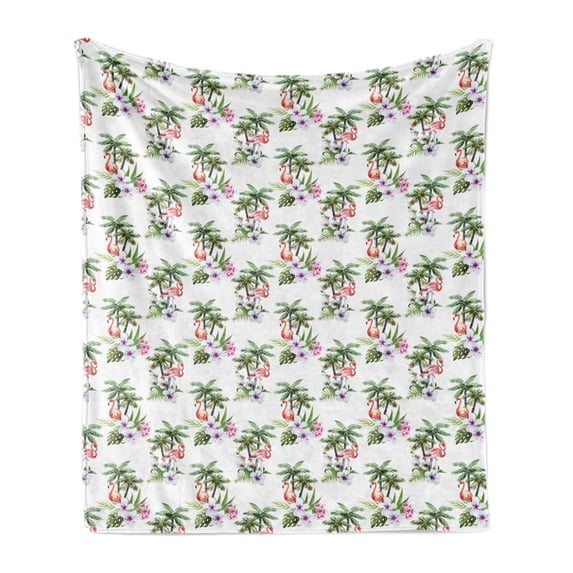 Palm Tree Soft Flannel Fleece Blanket, Tropical Island Inspired Pattern with Flamingo Birds Hibiscus Flowers Watercolors, Cozy Plush for Indoor and Outdoor Use, 50" x 60", Multicolor, by Ambesonne