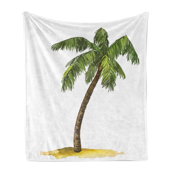 Palm Tree Soft Flannel Fleece Throw Blanket, Cartoon Palm Tree Image Tropical Plant and Sand Serenity Nature Foliage Print, Cozy Plush for Indoor and Outdoor Use, 60" x 80", Green Brown, by Ambesonne