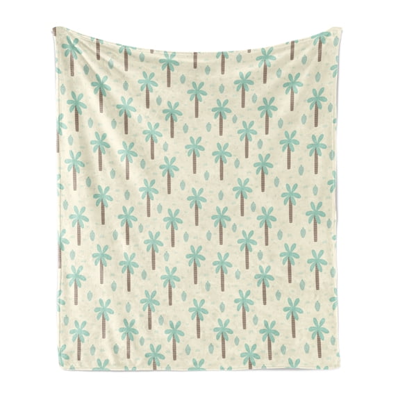 Palm Tree Soft Flannel Fleece Throw Blanket, Cartoon Style Pattern with Coconut Trees and Cactus Exotic Growth, Cozy Plush for Indoor and Outdoor Use, 50" x 60", Cream Cocoa Mint Green, by Ambesonne