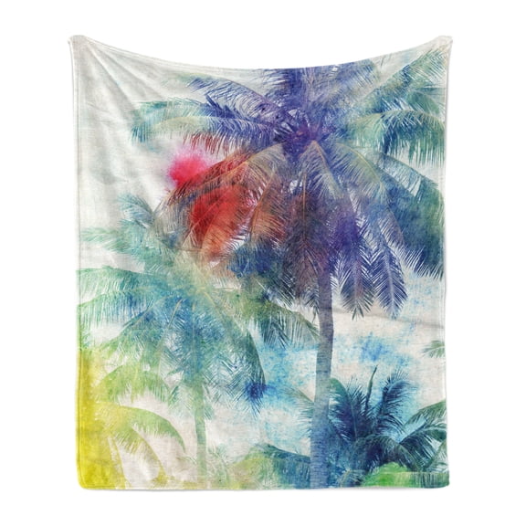 Palm Tree Soft Flannel Fleece Throw Blanket, Retro Watercolor Silhouettes of Palm Trees Stains on Tropical Paradise Theme, Cozy Plush for Indoor and Outdoor Use, 50" x 60", Multicolor, by Ambesonne
