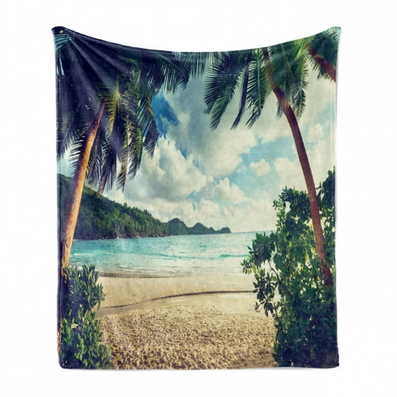 Palm Tree Soft Flannel Fleece Throw Blanket, Summer Beach Vintage Style Tropical Sunset Picture Print, Cozy Plush for Indoor and Outdoor Use, 70" x 90", Dark Green Sand Brown, by Ambesonne