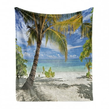 Palm Tree Soft Flannel Fleece Throw Blanket, Tropical Sandy Beach with Palm Trees Maldives Coastline Peaceful Theme, Cozy Plush for Indoor and Outdoor Use, 50" x 60", Coconut and Blue, by Ambesonne