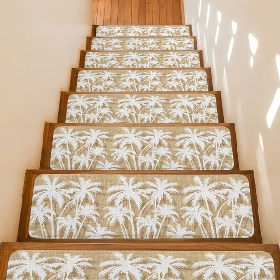 Palm Tree Stair Treads Non Slip for Steps Tropical Plant Coastal Summer Khaki 15 Pcs Reusable Adhesive Stair Runner Mats for Dogs Elders Carpet Treads Rugs for Staircase 8x30 In