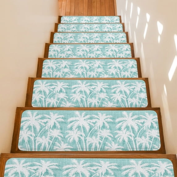 Palm Tree Stair Treads Non Slip for Steps Tropical Plant Coastal Summer Mint Green 7 Pcs Reusable Adhesive Stair Runner Mats for Dogs Elders Carpet Treads Rugs for Staircase 8x30 In