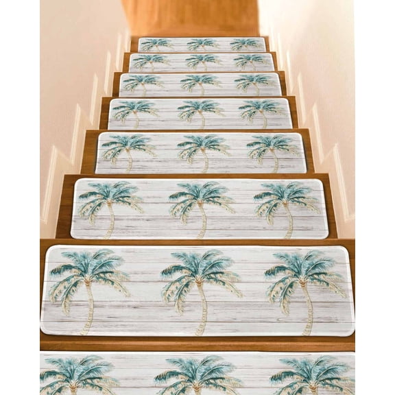 Palm Tree Stair Treads Vintage Green Tree Coastal Plant Modern Wood Striped Indoor Non Slip Peel and Stick Stair Treads for Wooden Steps 10 PCS, Soft Adhesive Staircase Mats Runner Rugs 8"x30"
