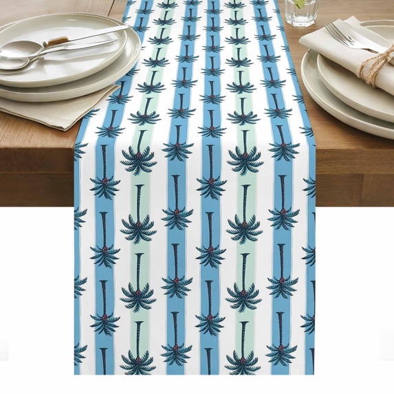 Palm Tree Striped Table Runner - 120 Inch Long, Kitchen Dining Table Runner Dresser Scarves, Summer Tropical Plant Blue Green Lines Farmhouse Decor for Coffee Tables Wedding Party Banquet