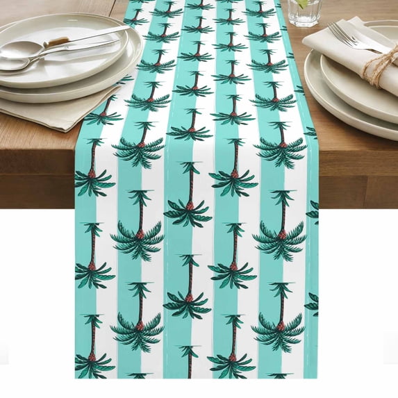 Palm Tree Striped Table Runner - 70 Inch Long, Kitchen Dining Table Runner Dresser Scarves, Summer Tropical Plant Turquoise Lines Farmhouse Decor for Coffee Tables Wedding Party Banquet