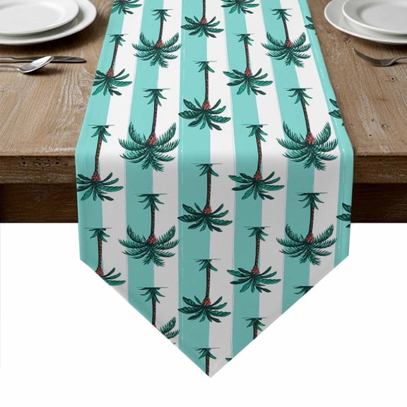 Palm Tree Striped Table Runner Linen Burlap Table Runner 72 Inches Long Summer Tropical Plant Turquoise Lines Dresser Scarves for Kitchen Island Coffee Dining Room Party Holiday Decoration 13"x72"