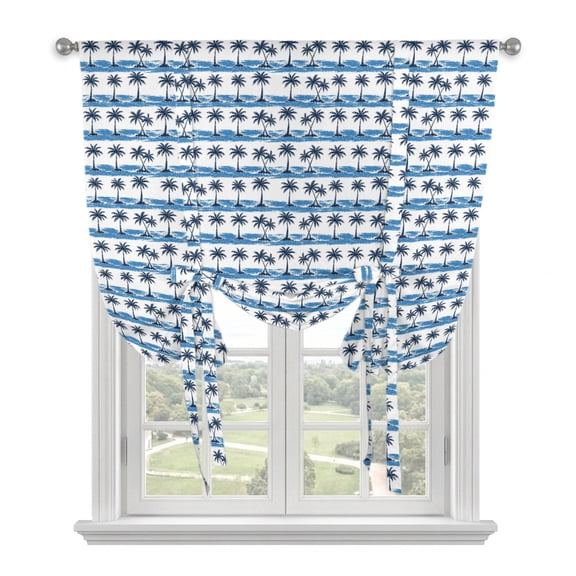Palm Tree Stripes Tie Up Balloon Window Curtain 52W x 63L Inch, Coastal Minimalist Nautical Tropical Navy Blue Rod Pocket Adjustable Tie Up Curtains Small Kitchen Sink Curtains for Cafe Bedroom
