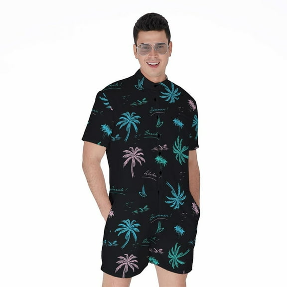 Palm Tree Summer Beach Pattern Short Sleeve Men'S Rompers, Aloha Tropical Hawaiian Casual Summer Jumpsuits Outfit