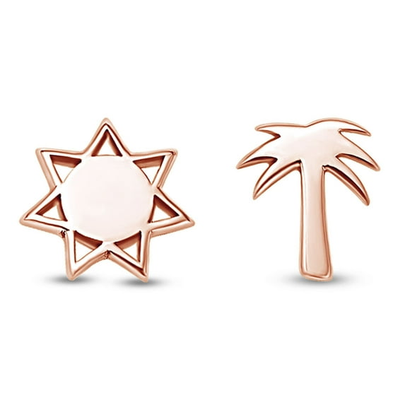 Palm Tree & Sun Mismatch Minimalist Dainty Stud Earrings in 10k Rose Gold Jewelry for Women