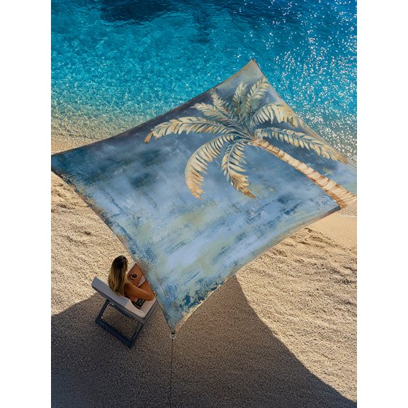 Palm Tree Sun Shade Sail 12' x 16', Summer Tropical Plant Botanical Abstract Blue Rectangle Outdoor Sunshade Canopy, Waterproof UV Block Patio Covers for Garden Yard Beach