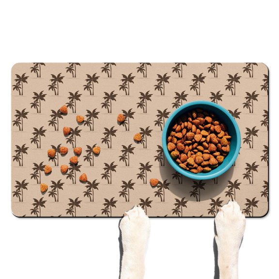 Palm Tree Sunset Absorbent Dog Food Mat - Non-Slip Rubber Base - Tropical Themed Placemat - Washable Surface - Keeps Floors Dry & Clean