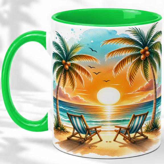 Palm Tree Sunset Accent Mug, 11oz Ceramic Coffee Cup for Beach Lovers