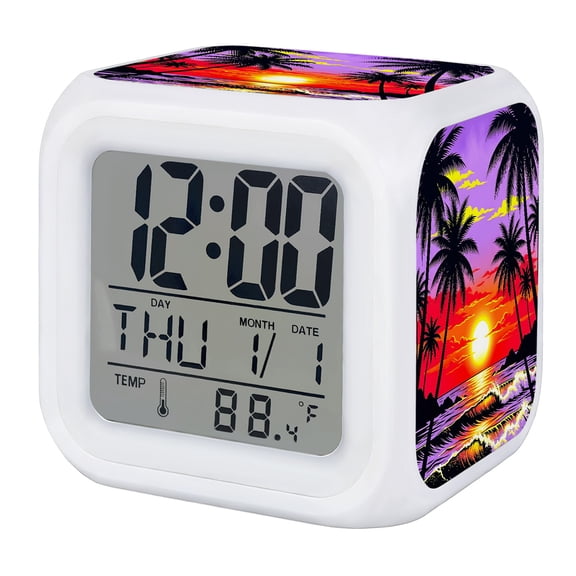 Palm Tree Sunset Digital Alarm Clock for Bedrooms,Smart LED Alarm Clock with 7 Color Changing Night Light,Summer Tropical Plants Beach Coastal Waves Silent Wake Up Clocks for Sleep Study 3.2"x3.2"