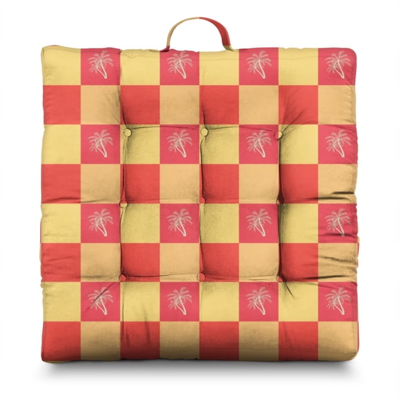 Palm Tree Sunset Floor Pillow&nbsp;– 22x22 Inch Large Square Meditation Cushion, Dutch Velvet, Vibrant Orange & Purple Sky (Tropical Paradise Aesthetic)