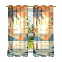 Palm Tree Sunset Landscape Semi Sheer Curtains 2 Panels Faux Linen Voile Sheer Drapes for Office Living Room 63x42in