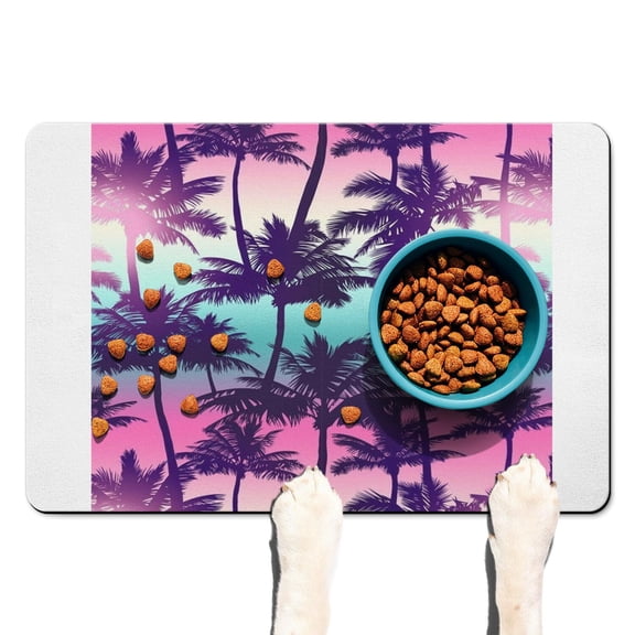 Palm Tree Sunset Non-Slip Dog Feeding Mat - Vibrant Neon Colors - Absorbent Foam Core - Easy Clean Surface - Tropical Themed Pet Placemat