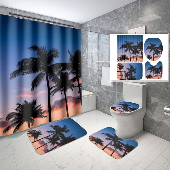 Palm Tree Sunset Shower Curtain Set 4 Piece, Tropical Beach Bathroom Decor, Waterproof Polyester Curtain & Velvet Bath Mats