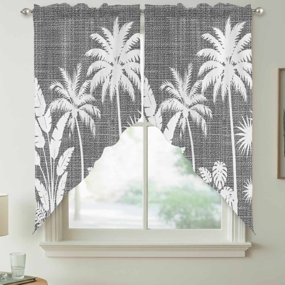 Palm Tree Swag Kitchen Curtain Valances, Coastal Tropical Monstera Leaf Charcoal Gray Linen Texture Rod Pocket Curtains Window Treatment Decor Valances for Bedroom Bathroom, 2 Panels 36 x 36 Inch