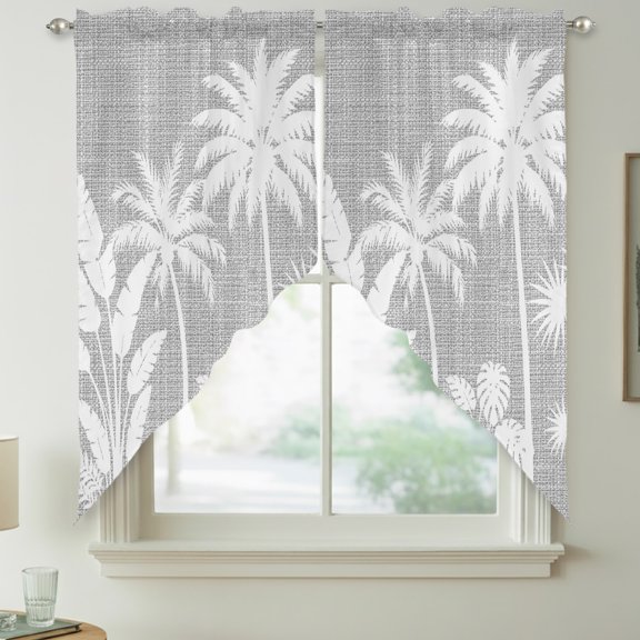 Palm Tree Swag Kitchen Curtain Valances, Coastal Tropical Monstera Leaf Fog Gray Linen Texture Rod Pocket Curtains Window Treatment Decor Valances for Bedroom Bathroom, 2 Panels 36 x 36 Inch