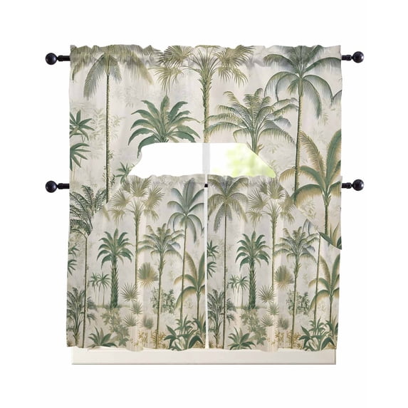 Palm Tree Swag Kitchen Curtains Sets for Windows 24 Inch Length, Sage Green Tropical Nature Plant Watercolor Short Window Curtain Panels Swags Valances and Tiers 3 Piece Set for Cafe/Dining Room