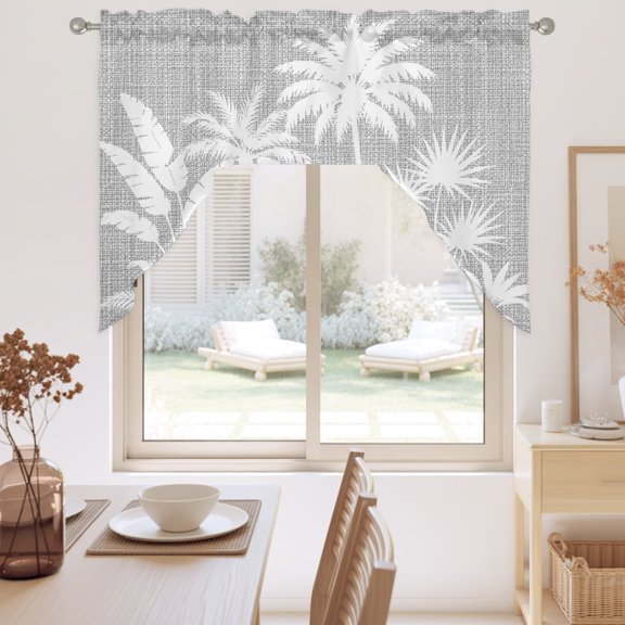 Palm Tree Swag Valance for Windows, Coastal Tropical Monstera Leaf Fog Gray Linen Texture Swag Curtains Valances for Small Window Treatment Rod Pocket for Kitchen Bathroom 1 Panel 56x36in