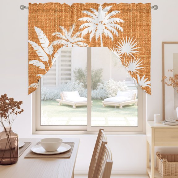 Palm Tree Swag Valance for Windows, Coastal Tropical Monstera Leaf Orange Linen Texture Swag Curtains Valances for Small Window Treatment Rod Pocket for Kitchen Bathroom 1 Panel 56x36in