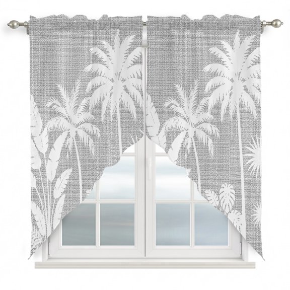Palm Tree Swag Valances for Windows 2 Pack Coastal Tropical Monstera Leaf Fog Gray Linen Texture Swag Kitchen Curtains 36 Inches Long Rod Pocket Short Window Treatment for Kitchen Bathroom 36"x36"