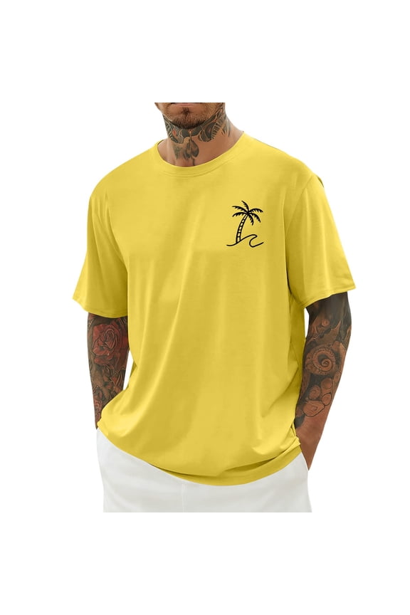 Palm Tree T Shirts For Men Crew Neck Short Sleeve Graphic Tee ,Yellow,L
