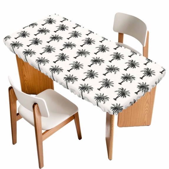 Palm Tree Table Cloths for 5 Foot Rectangle Tables, Farmhouse Summer Botanical Green Tropical Plants Patio Waterproof Elastic Fitted Tablecloths, Washable Rectangular Table Cover for Camping