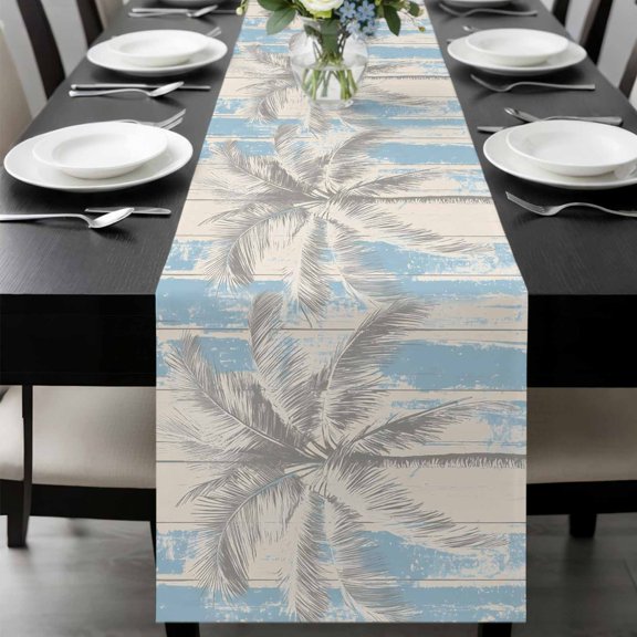 Palm Tree Table Runner 36 Inches Long, Blue Tropical Plant Summer Retro Wood Plank Kitchen Coffee Dining Table Decoration for Home Party Birthday Wedding Home Decor 13x36 Inches