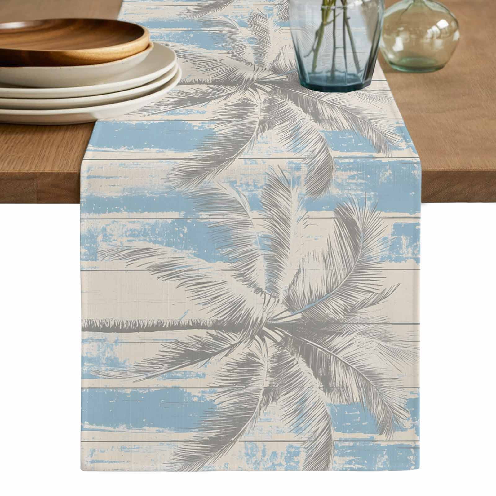 Palm Tree Table Runner, Blue Tropical Plant Summer Retro Wood Plank ...