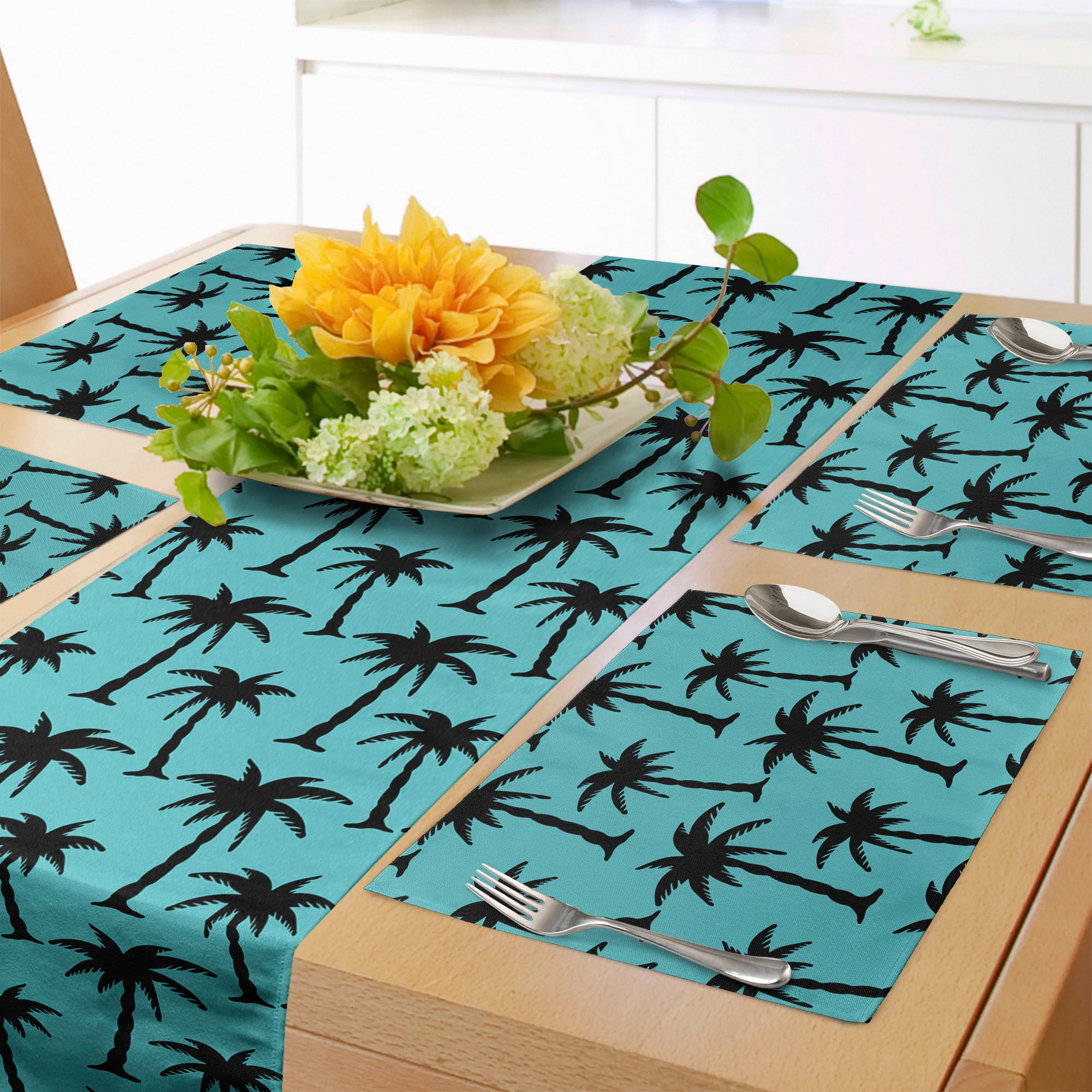 Palm Tree Table Runner & Placemats, Black Silhouettes of Coconut Trees