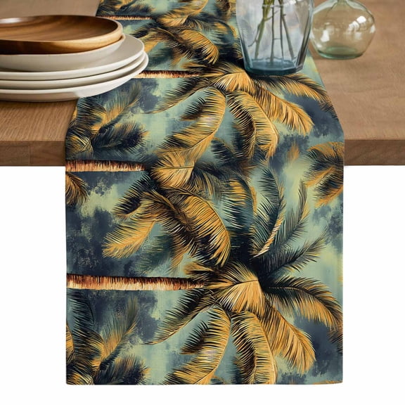 Palm Tree Table Runner, Retro Summer Botanical Tropical Plant Leaves Washable Cotton Linen Table Runners 36 Inches Long, Dresser Scarf Runner for Nightstand/End Tables/Round Tables 13''x36''