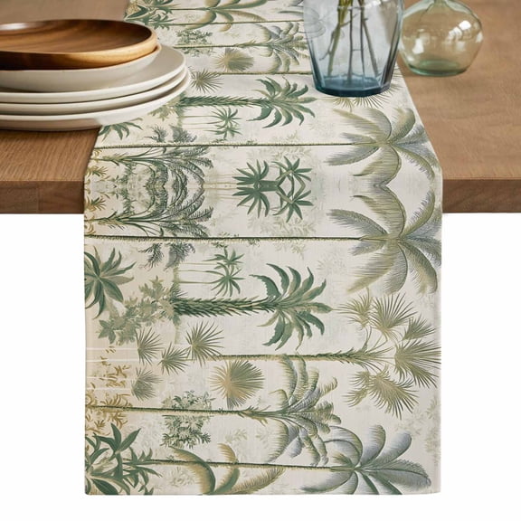 Palm Tree Table Runner, Sage Green Tropical Nature Plant Watercolor Washable Cotton Linen Table Runners 36 Inches Long, Dresser Scarf Runner for Nightstand/End Tables/Round Tables 13''x36''