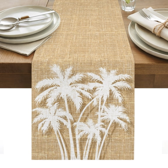 Palm Tree Table Runner, Tropical Plant Coastal Summer Khaki Cotton Linen Kitchen Dining Table Runner Cloth Dresser Scarf Decoration for Party Home Decor 13x36in