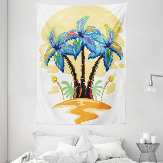 Palm Tree Tapestry, Colorful Cartoon Tropical Island with Hawaiian Palm Trees Torch Seagulls Sunset, Wall Hanging for Bedroom Living Room Dorm Decor, 60W X 80L Inches, Blue Orange, by Ambesonne