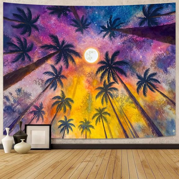 Palm Tree Tapestry Tropical Sunset Aesthetic Wall Hanging Celestial Design 60 x 44 Inch