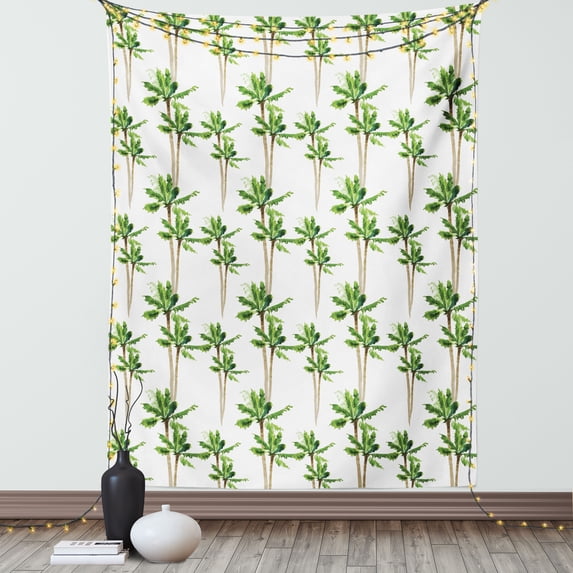 Palm Tree Tapestry, Watercolor Style Forest Pattern of Coconut Trees Lush Growth Ecology, Wall Hanging for Bedroom Living Room Dorm Decor, 40W X 60L Inches, Green Cocoa and White, by Ambesonne