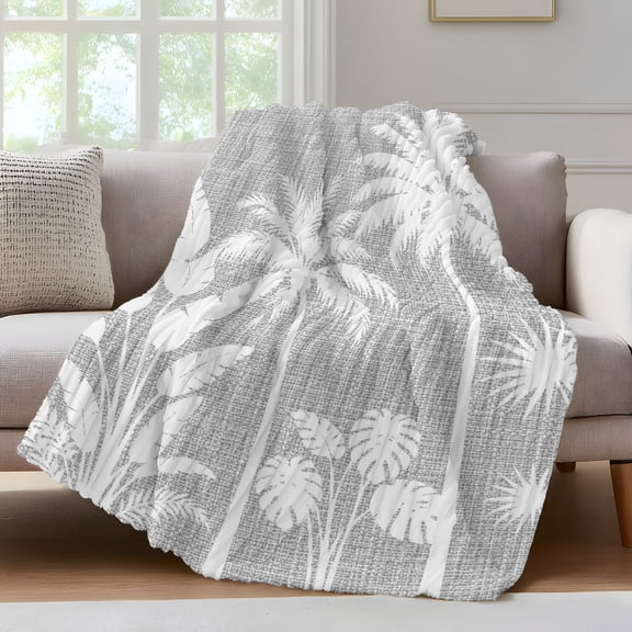 Palm Tree Throw Blanket for Couch Coastal Tropical Monstera Leaf Fog Gray Linen Texture Soft and Warm Flannel 3D Striped Fluffy Fuzzy Fleece Blanket Lightweight Throw for Bed, Sofa 40 x 50 Inches