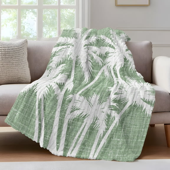 Palm Tree Throw Blanket for Couch Tropical Plant Coastal Summer Sage Green Soft and Warm Flannel 3D Striped Fluffy Fuzzy Fleece Blanket Lightweight Throw for Bed, Sofa 30 x 40 Inches