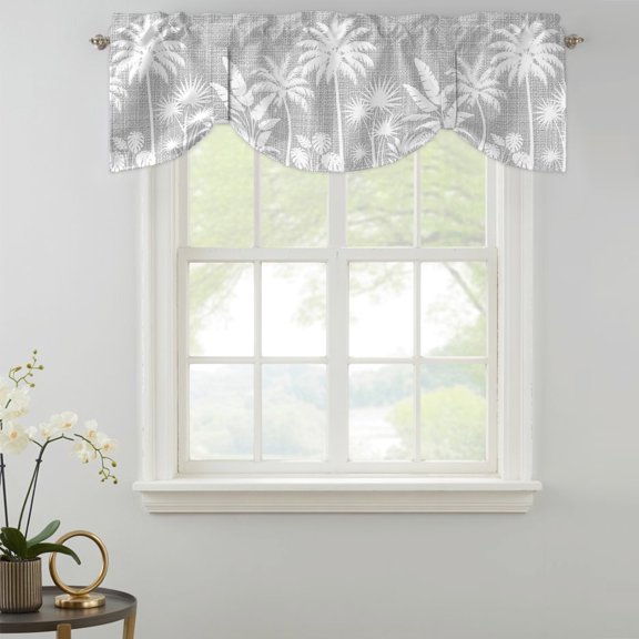 Palm Tree Tie Up Valances Curtain, Coastal Tropical Monstera Leaf Fog Gray Linen Texture Kitchen Valances for Windows Decor, Rod Pocket Short Curtains Set for Bedroom/Bathroom, 42"x18"