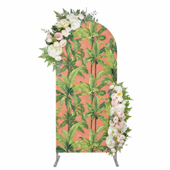 Palm Tree Tropical Arch Backdrop Cover, Spandex Fitted Wedding Arch Cover, Pink Summer Green Botanical Round Top Stand Covers for Birthday Ceremony Bridal Shower Party Decor 5x2.1 Ft