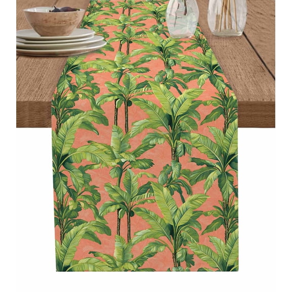 Palm Tree Tropical Burlap Cotton Table Runner 14x72 Inches Long, Pink Summer Green Botanical Farmhouse Table Runners, Outdoor Dining Tablecloths Decor for Baby Shower/Party/Wedding