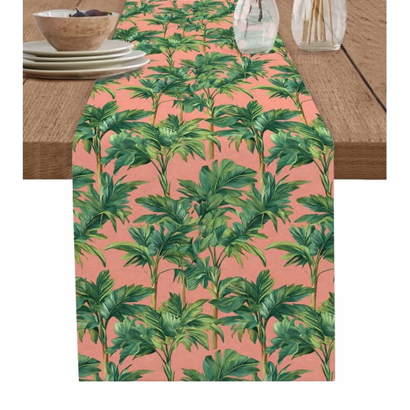 Palm Tree Tropical Burlap Cotton Table Runner 16x72 Inches Long, Pink Summer Botanical Leaves Farmhouse Table Runners, Outdoor Dining Tablecloths Decor for Baby Shower/Party/Wedding