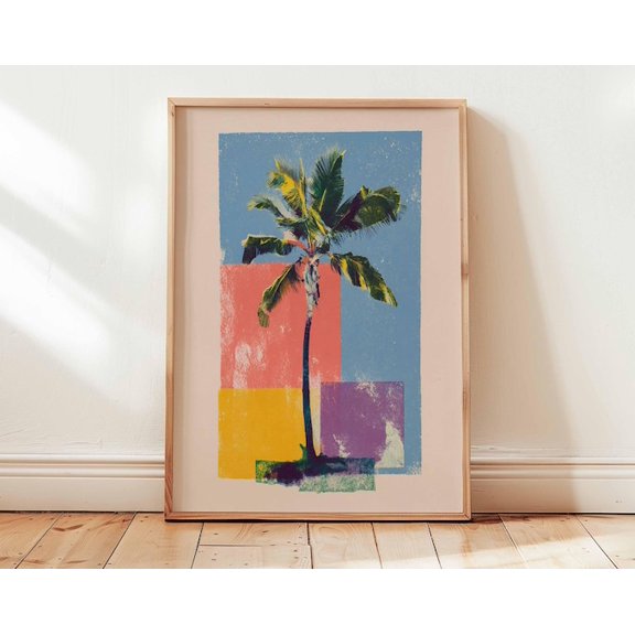 Palm Tree Tropical Colorful Modern Coastal Retro Minimalist Wall Art Print, Unframed Paper Poster 11x14in