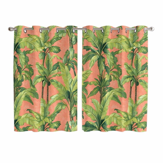 Palm Tree Tropical Kitchen Curtains 63 Inch Length, Pink Summer Green Botanical Grommet Top Bedroom Living Room Curtains, Light Filtering Cafe Curtain Drapes 2 Panels Set 104''x63''